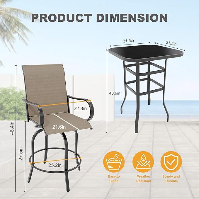 5 PCS Outdoor Bar Set with Outdoor Bistro Table and Chairs Set of 4, Bar Height Outdoor Dining Set, All Weather Mental Textilene High Swivel Bar Stools Chair Set of 4 and High Glass Bar Table