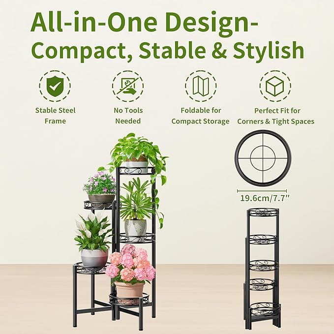 Metal Plant Stand Indoor Outdoor, 5 Tier 5 Potted Multiple Plant Shelf Stands, Wrought Iron Flower Holder Shelf, Folding Tall Rack Shelf for Patio, Balcony, Corner Living Room - BlackCircle