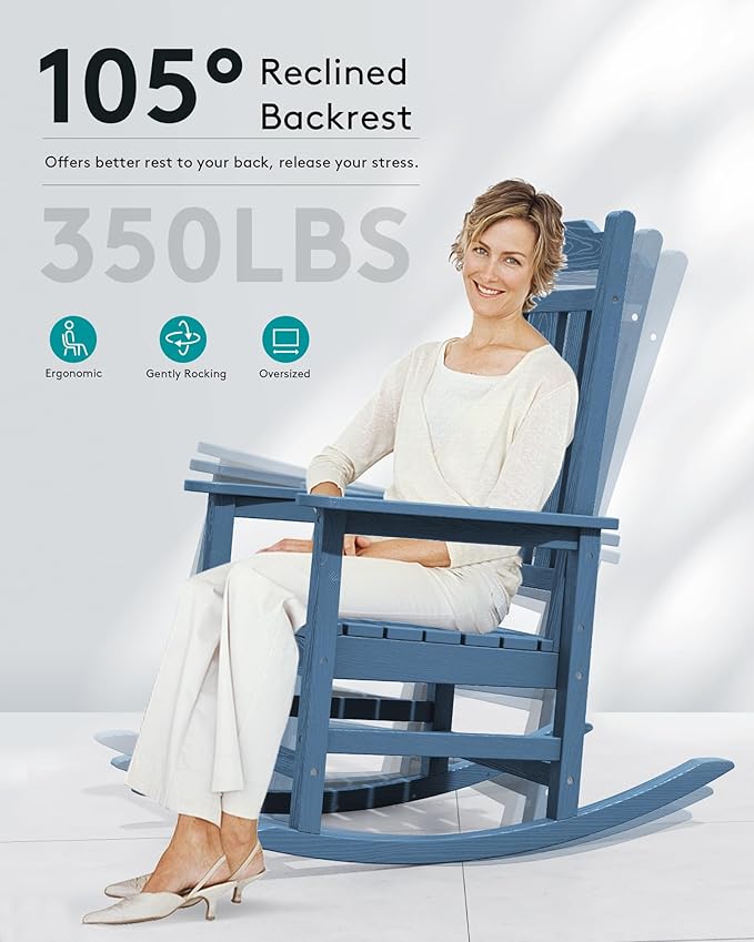 SERWALL Oversized Rocking Chair Outdoor, HDPE Outdoor Rocking Chair, Blue