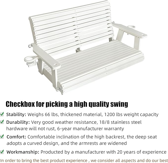 HDPE Porch Swing with 18/8 Stainless Steel Bolts, Ergonomic Design, Ultra Weather-Resistant, Heavy Duty 1200 LBS, for Outdoor Patio Garden Yard (Vanilla White)