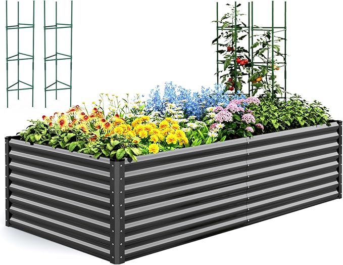 Quictent Galvanized Raised Garden Bed 8x4x2 Ft Tall Metal Planter Box for Vegetables Bottomless for Backyard, 2 Tomato Cages Included, 22.04" Deep, Dark Grey