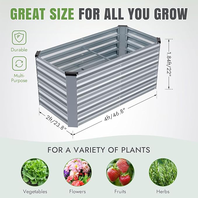 INNO STAGE 4x2x2ft Galvanized Raised Garden Bed, Raised Garden Bed Kit-Metal Planter Box Outdoor, Planting for Vegetables, Fruits, Herbs, Flowers, Silver