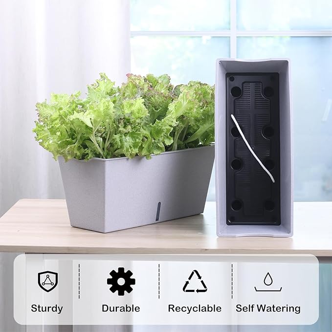 Window Box Planter 6 Pcs, 16.5 Inches Self Watering Rectangle Flower Plant Pots with Drainage Holes Trays, Vegetable Planters for Windowsill Patio Garden Balcony Porch Yard (Grey)