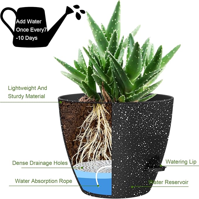 12 Inch Large Self Watering Pots, Flower Pots with Multi-Mesh Drainage Holes and Saucer, Planters for Indoor and Outdoor Garden Plants (Speckled Black)