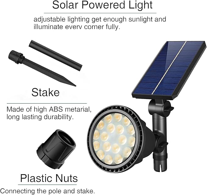 JSOT Solar Spot Lights Outdoor Waterproof, Outdoor Landscape Spotlights Flood Light for Pathway Path Driveway Backyard Decor 600 Lumen 18 LED Beads 2 Lighting Options(Warm White 2 Pack)