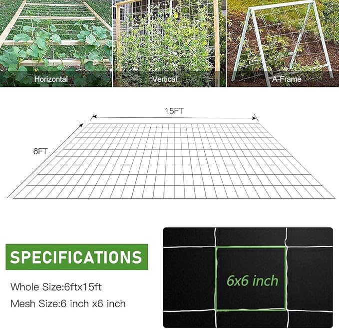 Trellis Netting, CANAGROW Heavy-Duty Garden Plant Trellis Netting for Climbing Plants, Outdoor Indoor Grow Net for Beans Tomatoes Peas Pumpkin Flowers, 𝟔 𝐱 𝟏𝟓𝐟𝐭, Pack of 4