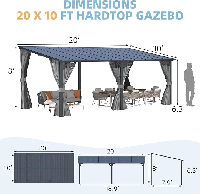 AECOJOY 20' x 10' Outdoo Gazebo for Patio with Curtains and Netting, Large Wall-Mounted Pergolas and Gazebos Clearance Hardtop 10x20 Lean to Metal Gazebo with Patio Roof, Heavy Duty Awnings for Patio