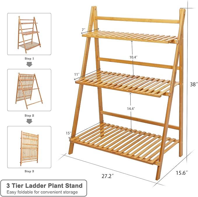 Ufine Bamboo Ladder Plant Stand 3 Tier Foldable Flower Pot Display Shelf Rack for Indoor Outdoor Home Patio Lawn Garden Balcony Organizer Planter Holder