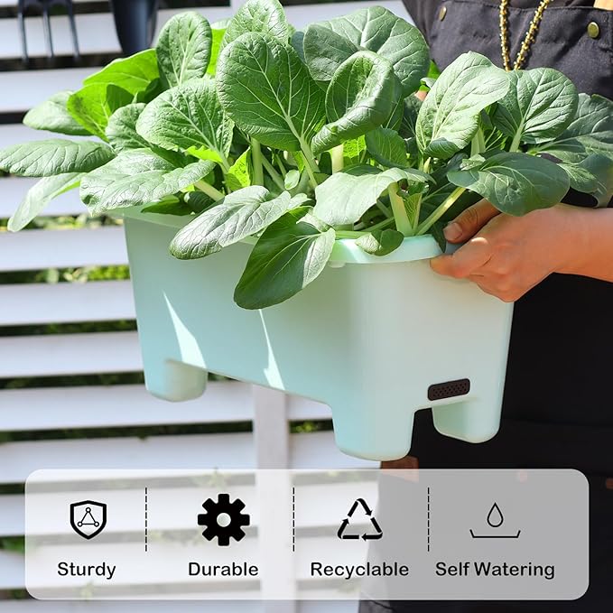 Self-Watering Rectangle Planter Boxes 8-Pack, 15.7-Inch Window Box Planter with Drainage Holes & Trays, Pots for Vegetables, Herbs, Flowers, Garden Windowsill Balcony (Sky Blue)