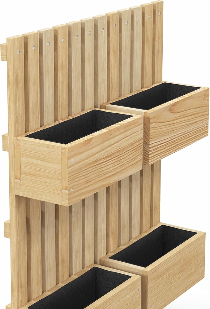 Outsunny 4 Box Raised Garden Bed with Trellis for Vine Flowers & Climbing Plants, 31.5" Tall Wall-Mounted Wood Planter Box Set with Adjustable Height, Drainage Hole, Natural