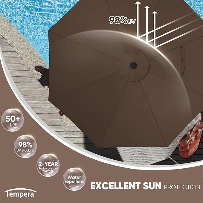 Tempera Patio Market Outdoor Table Umbrella with Auto Tilt and Crank, Large Sun Umbrella with Sturdy Pole & Fade Resistant Canopy, Easy to Set
