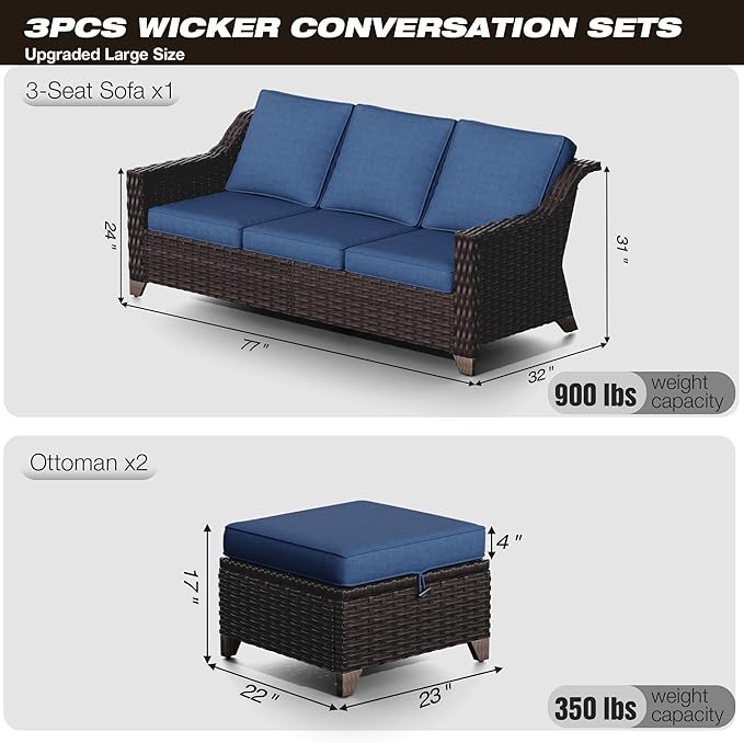 Joyside Patio Furniture Set, 3 Pieces Outdoor Wicker High Back Sofa with Ottoman and Comfy Cushions, Upgraded Large Size, All Weather High Back Conversation Set, (Brown/Blue)