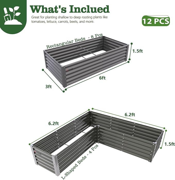 A ANLEOLIFE Set of 12 18 Inch Tall Raised Garden Beds Kit, Rectangular & L-Shaped Combo Metal Planters – Ideal for Backyard DIY Creative Layouts, Quartz Grey