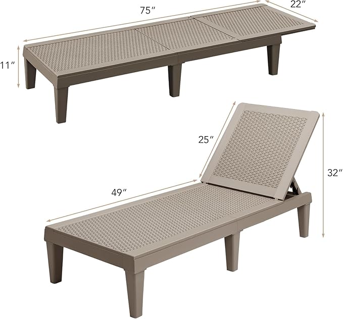 Devoko Outdoor Chaise Lounge Chair Set of 4 for Outside Pool Patio, Adjustable Waterproof Easy Assembly Chaise Lounge Outdoor (Light Brown, Set of 4)