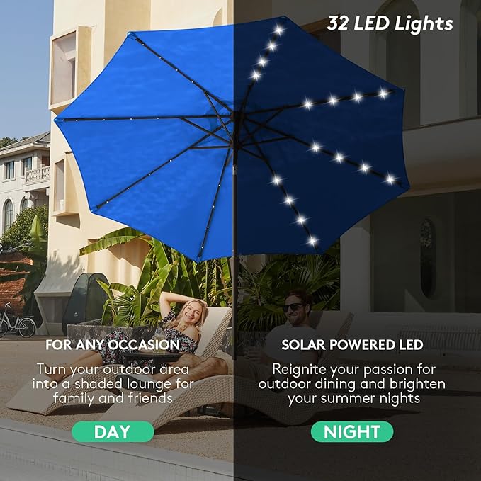 JEAREY 9FT Outdoor Patio Umbrella with Solar Lights, LED Lighted Pool Umbrella with Tilt and Crank, Outdoor Table Umbrellas for Deck, Yard & Market (Royal Blue)