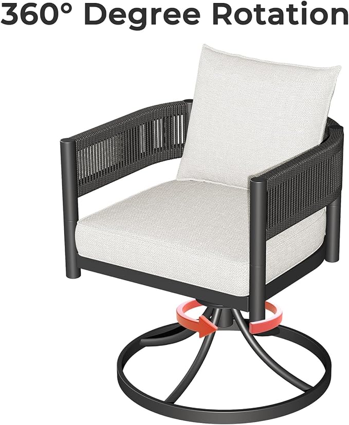 Grand patio Outdoor Dining Set, 7-Piece Patio Table and Chairs Set, Metal Woven Wicker Swivel Patio Chairs with Thickened Cushions & 1 Rectangular Woodgrain Dining Table with Umbrella Hole (Black)