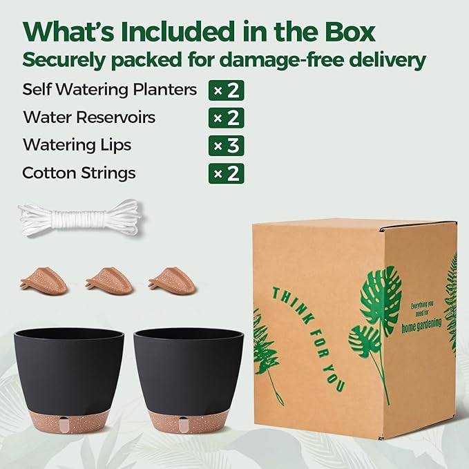 T4U 2 Pack 8 Inch Self Watering Pots - Water Level Indicator & Deep Reservoir, Mess-Free Planter for Busy People, Beginners & Gardeners, Pothos/Herbs/Snake Plants, Indoor Outdoor Use (Black)