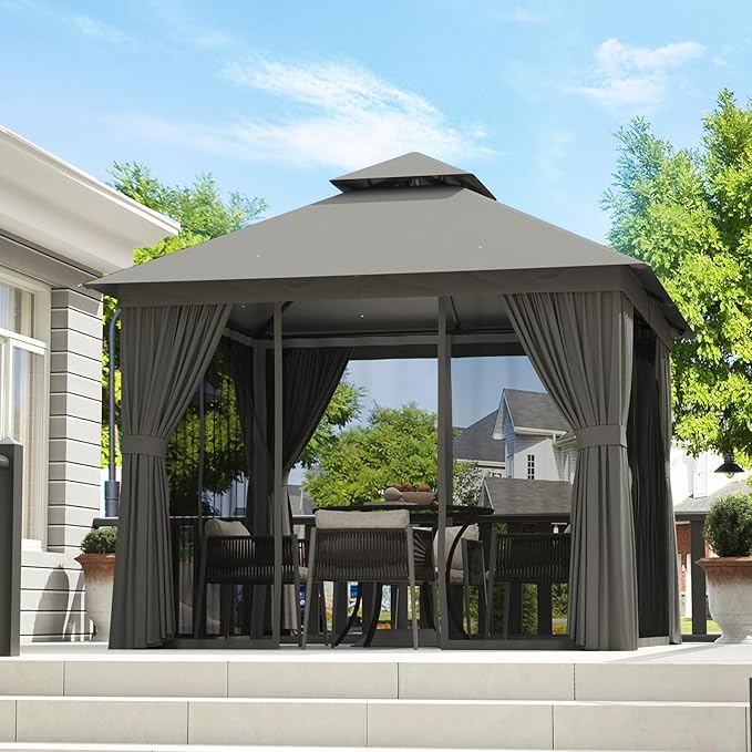 Aoxun Outdoor Gazebo for Patio 8x8, Metal Frame Canopy with Double Roofs, Heavy Duty Party Tent and Shelter with Mosquito Netting and Privacy Screen for Backyard, Lawn, Garden, Deck (Grey)