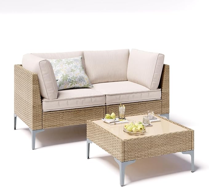 3 Piece Wicker Patio Furniture Set,Outdoor Conversation Loveseat Sectional Sofa w/Coffee Table,All-Weather Outdoor Sofa with Thick and Anti-Slip Cushions for Deck,Poolside,Garden,Beige