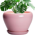 10 Inch Plant Pot - Ceramic Planter for Indoor Plants, Glaze Modern Round Planter with Drainage Hole and Saucer, Gifts for Plant Lovers, Office Patio Home Room Decor, Pink