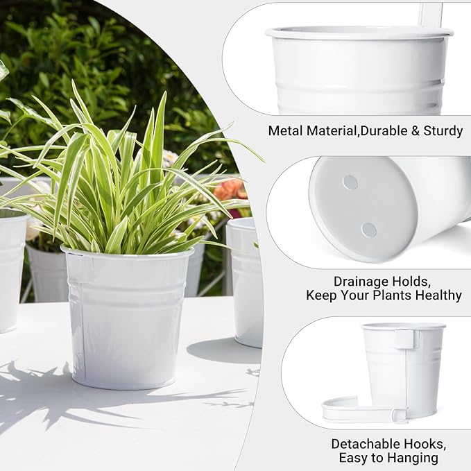 Dahey 10 Pcs Hanging Flower Pots Metal Iron Bucket Planter for Railing Fence Balcony Garden Home Decoration Flower Holders with Detachable Hooks, White, 4 Inches