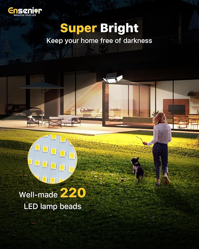 Ensenior Solar Lights Outdoor Motion Sensor, 2600LM 220 LED High Brightness, 3 Head 270° Wide Angle Flood Lights, Remote Control Security Lights 4 Modes, IP65 Waterproof Wireless Wall Light, 2 Pack
