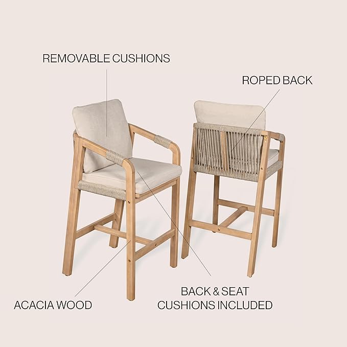 JONATHAN Y BSL1200A-SET2 Porto Modern Coastal Tub Roped Acacia Wood Outdoor Bar Stool with Cushions and Armrests Modern, Coastal, Contemporary, Rustic, Garden Room, Patio, Beige/Light Teak (Set of 2)