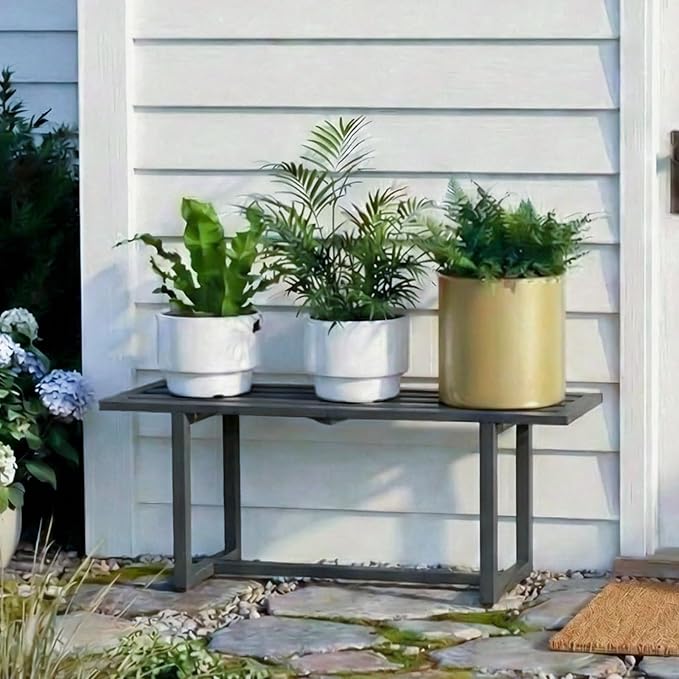 Modern Outdoor Plant Stand for Indoor Corner, Foldable Metal Plant Display Shelf for Multiple Pots,Mid Century Slatted Bench for Garden, Patio Load Bearing 330 lbs 26" L x 10.4" H x 8.6" W 2 Pack Grey