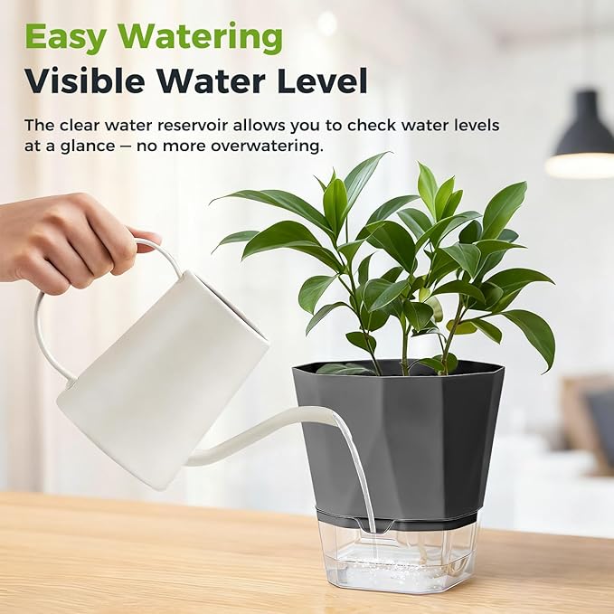 5 Pack Self Watering Pots for Indoor Plants, 6.7 Inches Self Watering Planters African Violet Pots Clear Pots for Herb Orchid Flower Houseplant, Dark Grey