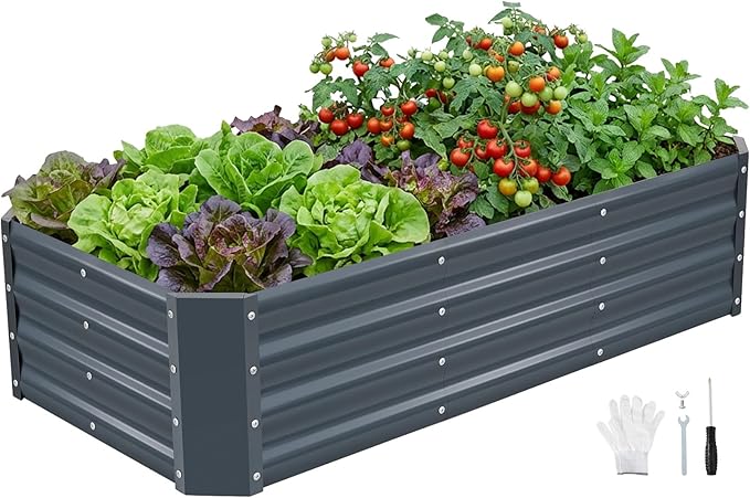 INNO STAGE 4×2×1ft Galvanized Raised Garden Bed Kit, Galvanized Planter Raised Garden Boxes Outdoor, Large Metal Raised Garden Beds for Vegetables, Flowers, Herbs, and Succulents, Grey