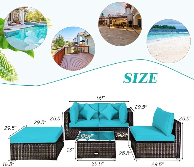 Tangkula 5 Pieces Patio Rattan Furniture Set, Outdoor Sectional Rattan Sofa Set with Back & Seat Cushions, Wicker Conversation Set with Tempered Glass Table for Backyard Porch Poolside (Turquoise)