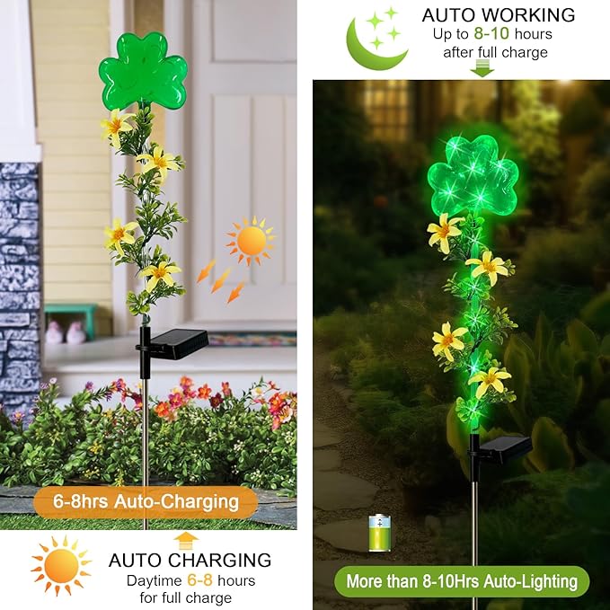 ST Patrick's Day Decorations Outdoor,2 Pack Shamrock Solar Lights Outdoor,Solar Powered Green Fairy Lights Holiday Decorations for Yard,Lawn,Garden Stkae
