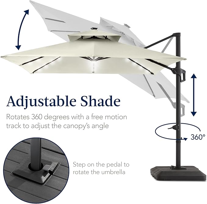 Best Choice Products 9x12ft LED Cantilever Patio Umbrella w/Base Included & 360° Rotation, Large Solar Offset Hanging Outdoor Sun Shade for Deck, Backyard Table w/Stand & Lights – Ivory