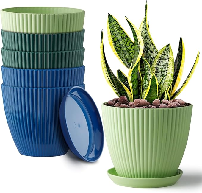 6 Inch Plant Pots, Plastic Flower Pots for Indoor Outdoor Plants, Planters with Drainage Holes and Tray Saucers, Cute Succulent Pots Durable and Light Weight (6 Pack)