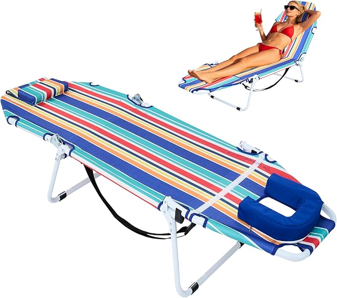 ABORON 2-in-1 Tanning Chair with Face Hole, Folding Camping Cot for Adults, 5-Position Adjustable Lounge Chair with Pillow, Heavy Duty 600D Oxford Portable Cot for Beach, Patio, Poolside