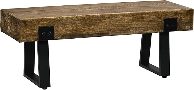 HOMCOM Garden Bench with Metal Legs, Rustic Wood Effect Concrete Entryway Bench, End of Bed Bench, Indoor Outdoor Use for Patio, Park, Porch and Lawn, Natural and Black