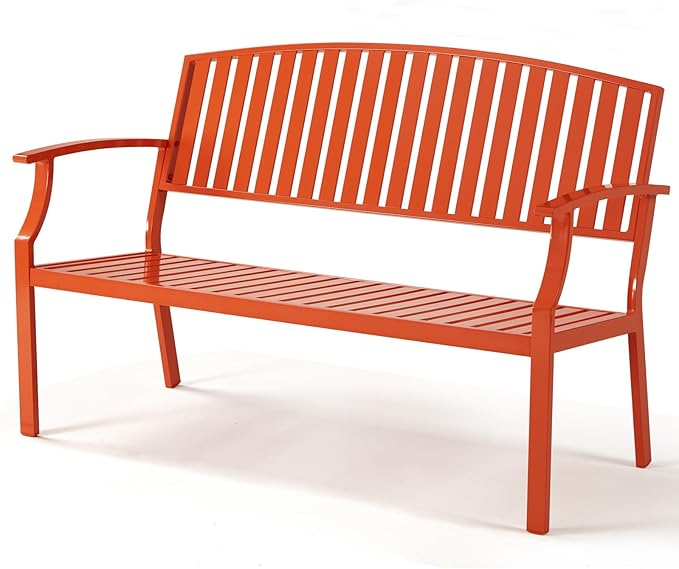 Outdoor Bench Weatherproof Aluminum Patio Garden Bench, Patio Loveseat for Porch Garden Lawn Backyard Park Balcony (Orange)