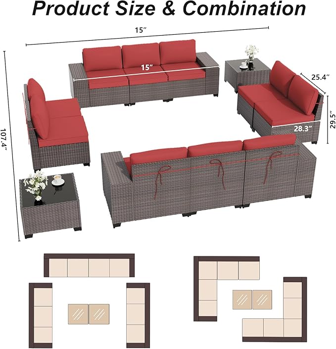 ALAULM 12 Pieces Outdoor Patio Furniture Set Sectional Sofa Sets Brown PE Rattan Patio Conversation Set w/10 Rose Red Seat Cushions and 2 Coffee Tables