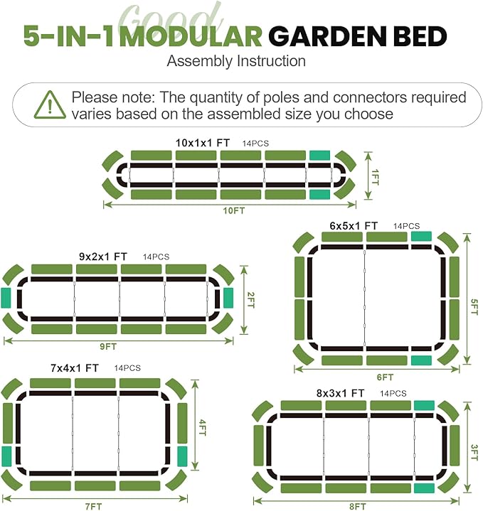 5-in-1 Adjustable Raised Garden Bed Kit | Galvanized Planter Boxes for Vegetables, Flowers | 12" Tall, Multiple Sizes (8x3x1ft, 9x2x1ft, 10x1x1ft, 6x5x1ft, 7x4x1ft) | Outdoor Metal Raised Bed, Green