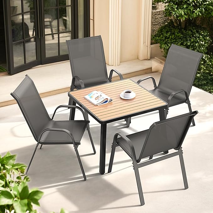 Patio Chairs Set of 4, All Weather Breathable Stackable Outdoor Dining Chairs with High Back and Wide Seat, Easily Set Up Outdoor Chairs Set of 4 with Metal Frame for Backyard Garden Pool, Grey