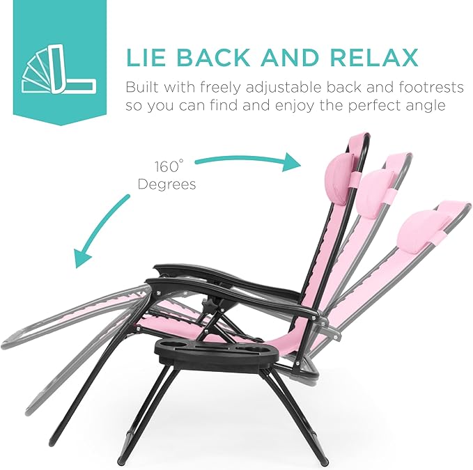 Best Choice Products Set of 2 Adjustable Steel Mesh Zero Gravity Lounge Chair Recliners w/Pillows and Cup Holder Trays - Bubblegum Pink/Black