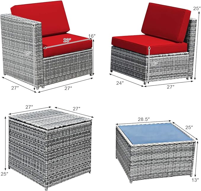 Tangkula 8 Pieces Wicker Patio Furniture Set with Storage Deck Box, PE Rattan Outdoor Sectional Sofa Conversation Set with Coffee Table & Cushions, Outside Furniture for Garden Yard Poolside (Red)
