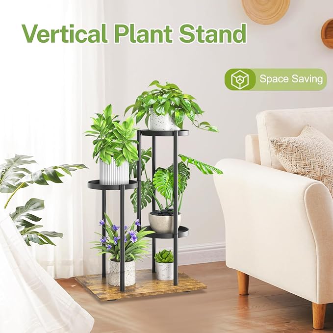iDavosic.ly 3 Tier Plant Stand Indoor Outdoor, Tiered Corner Multiple Flower Pot Holder Shelf, Metal 23 Inch Tall Display Rack for Patio Porch Living Room Garden Balcony, Modern Black & Rustic Brown