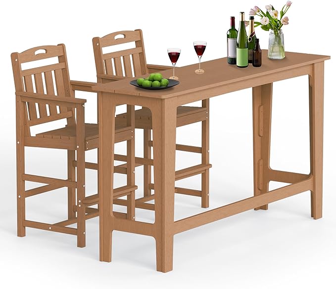 Ciokea 3 Pcs Outdoor Bar Height Table Set, 60" Extra Long Rectangle High Top Table and 2 Oversized Adirondack Chairs Set, Heavy-Duty All-Weather HDPE Patio Bar Set for Backyard Balcony Deck, Teak