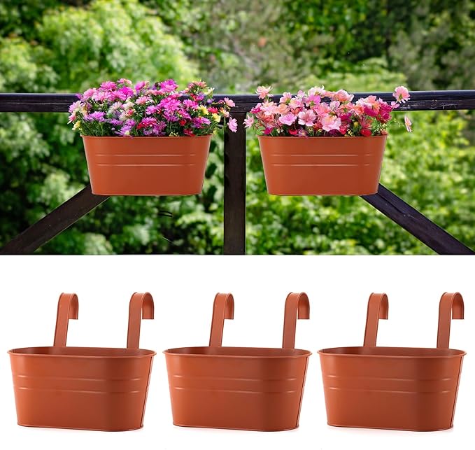 3 Pack Metal Railing Planters, 10.5" Oval Hanging Flower Pots with Detachable Hooks & Drainage Holes, Fits Rails up to 2.36", Galvanized Iron Fence Bucket for Balcony Garden Patio - Terracotta