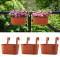 3 Pack Metal Railing Planters, 10.5" Oval Hanging Flower Pots with Detachable Hooks & Drainage Holes, Fits Rails up to 2.36", Galvanized Iron Fence Bucket for Balcony Garden Patio - Terracotta