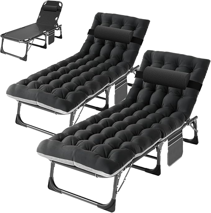 ABORON 2PK Oversized Chaise Lounge Chair,5 Positions Padded Outdoor Tanning Chair,Heavy Duty Portable Chair for Sunbathing Patio Pool Lawn Deck Poolside,Support up to 440 Lbs, Deep Black-2 Set