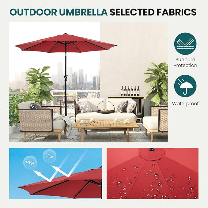 OLIXIS 9ft Patio Umbrella with Tilt and Crank Button & 8 Sturdy Ribs Waterproof, Patio Table Umbrella Perfect for Poolside, Terrace, Beach and Outdoor Restaurant, Red
