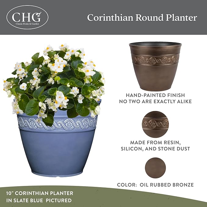Classic Home and Garden Corinthian Resin Planter Pot - Outdoor & Indoor Plant Pot - Round Planter for Plants & Flowers (8" Oil Rubbed Bronze, Pack of 1)