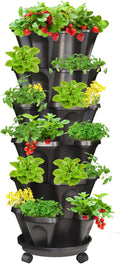 Strawberry Vertical Planter, Stacking Garden Tower, 6 Tiered Stackable Herb Vegetable Planters with Movable Casters and Bottom Saucer Indoor and Outdoor - Black